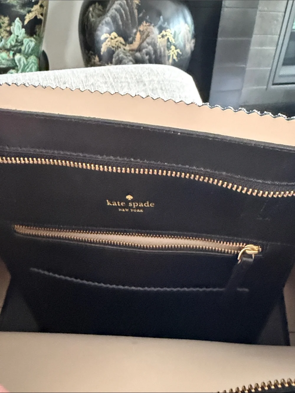 kate spade Black Leather Tote with Gold Logo Accent